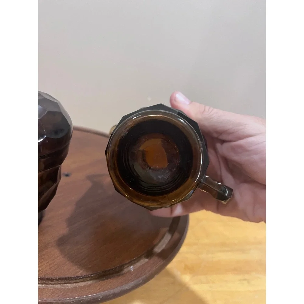 Vtg Viking Smoke Brown Glass Georgian Sugar Bowl Lid Creamer Set MCM Faceted